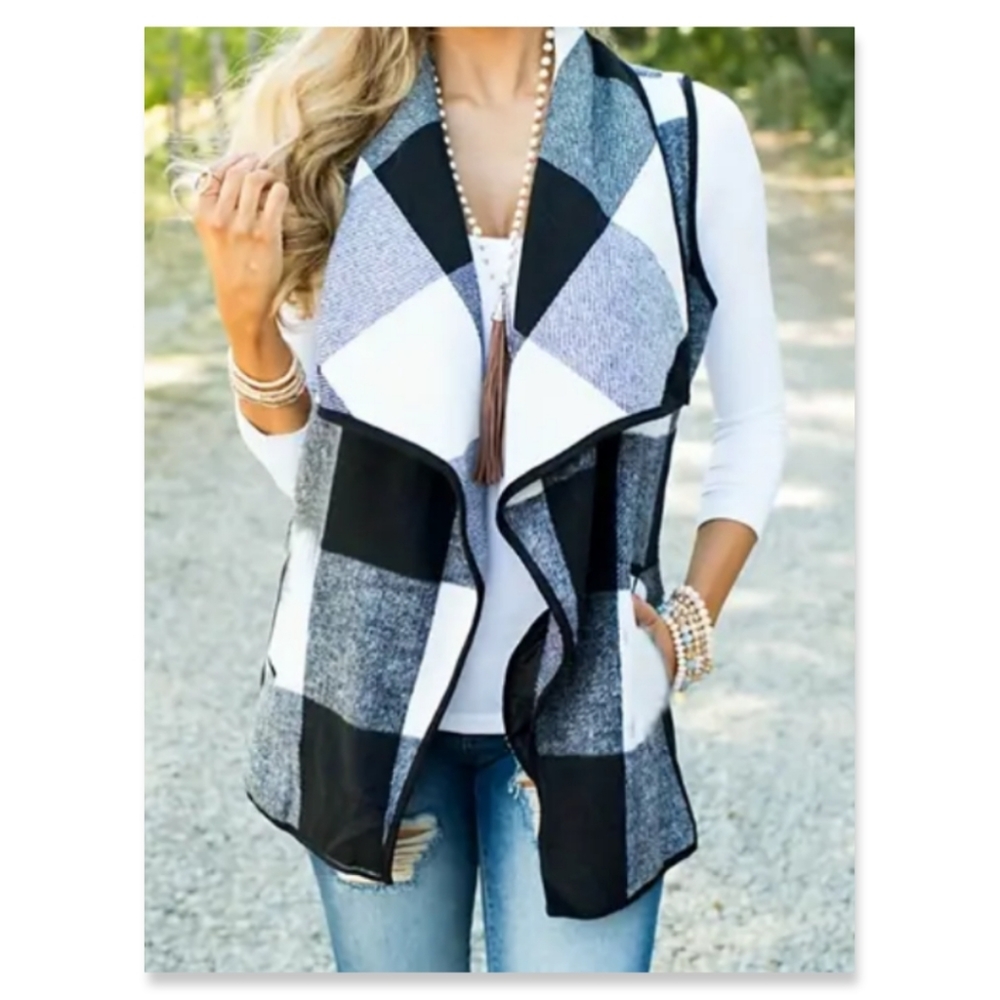 NWT PLAID WATERFALL COLLAR VEST
